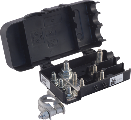 Polplint Svart (+) med säkringshållare 2xMidifuse, 1xMegafuse